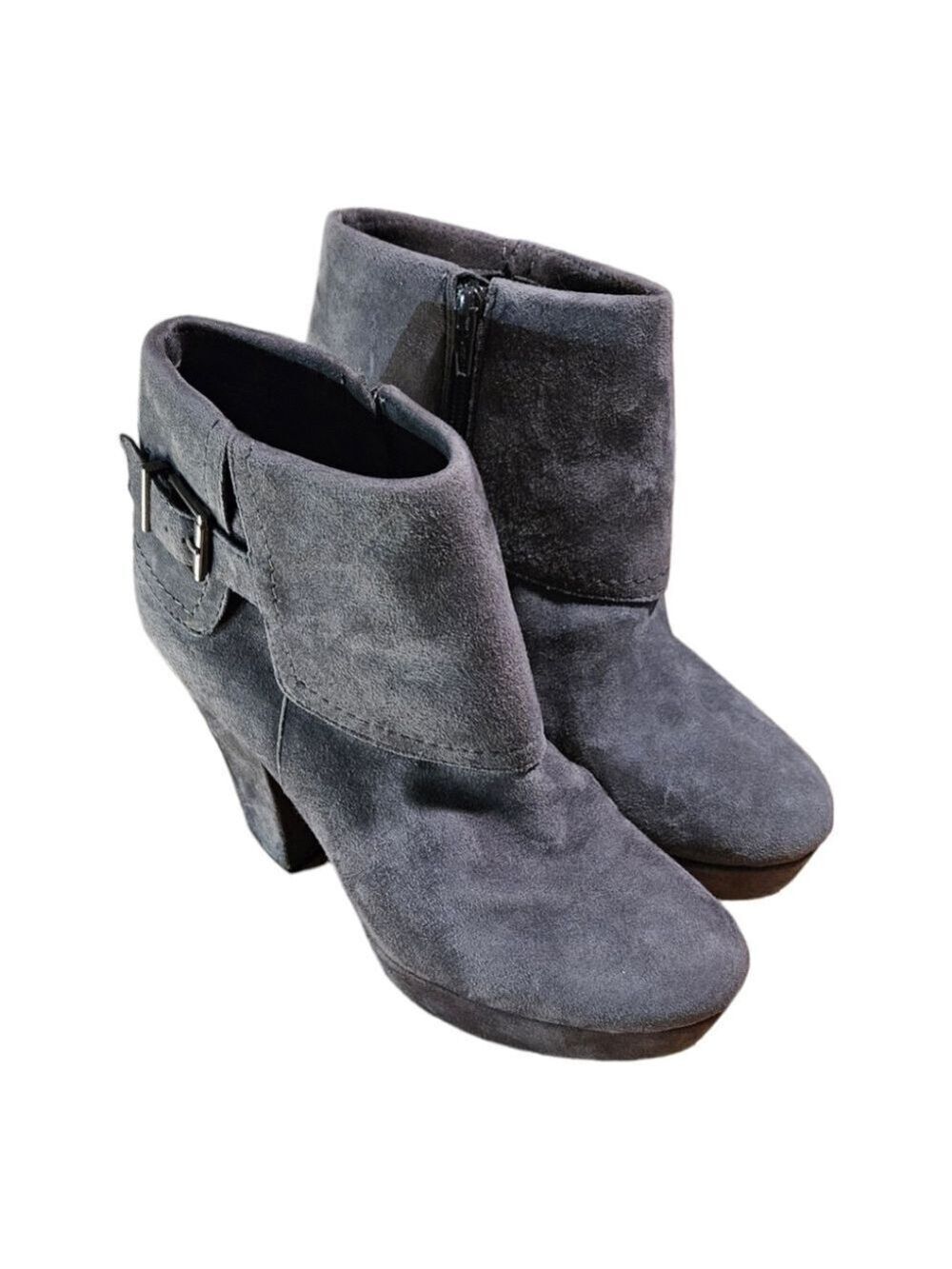 Gianni Bini Gray Suede Fold-Over Buckle Platform Block Heel Ankle Boots Size 10